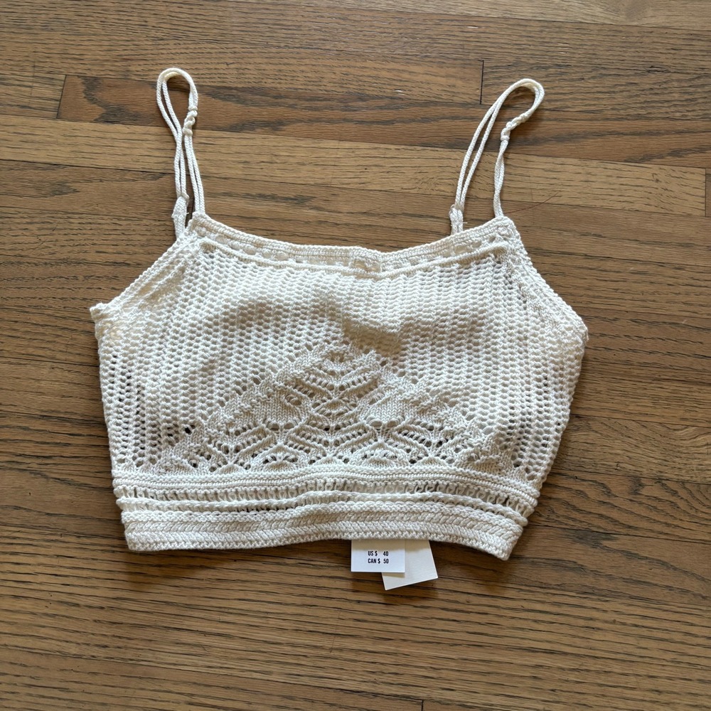 Abercrombie &‎ Fitch Women XS White Crochet Knit Crop Cami Tank Top NWT